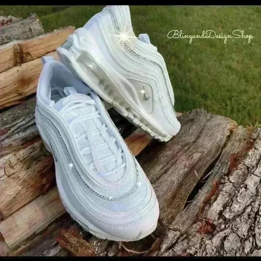 Womens Nike Air Max 97 Shoes All White Custom with Crystals Sneakers